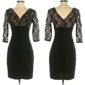 Adrianna Papell Lace Illusion V-neck 3/4 Sleeve Bodycon Dress Black Sz 4P